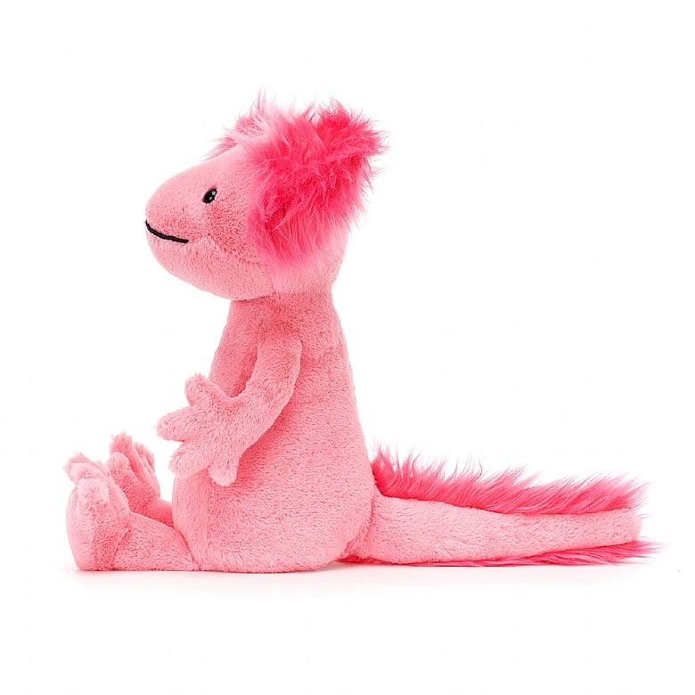 side view of Alice Axolotl Small Plush Toy on a white background.
