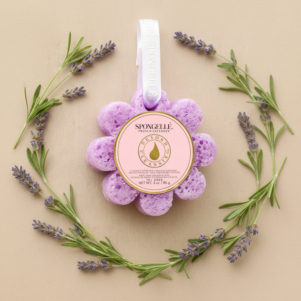 Purple flower-shaped bath sponge with a label on a beige background