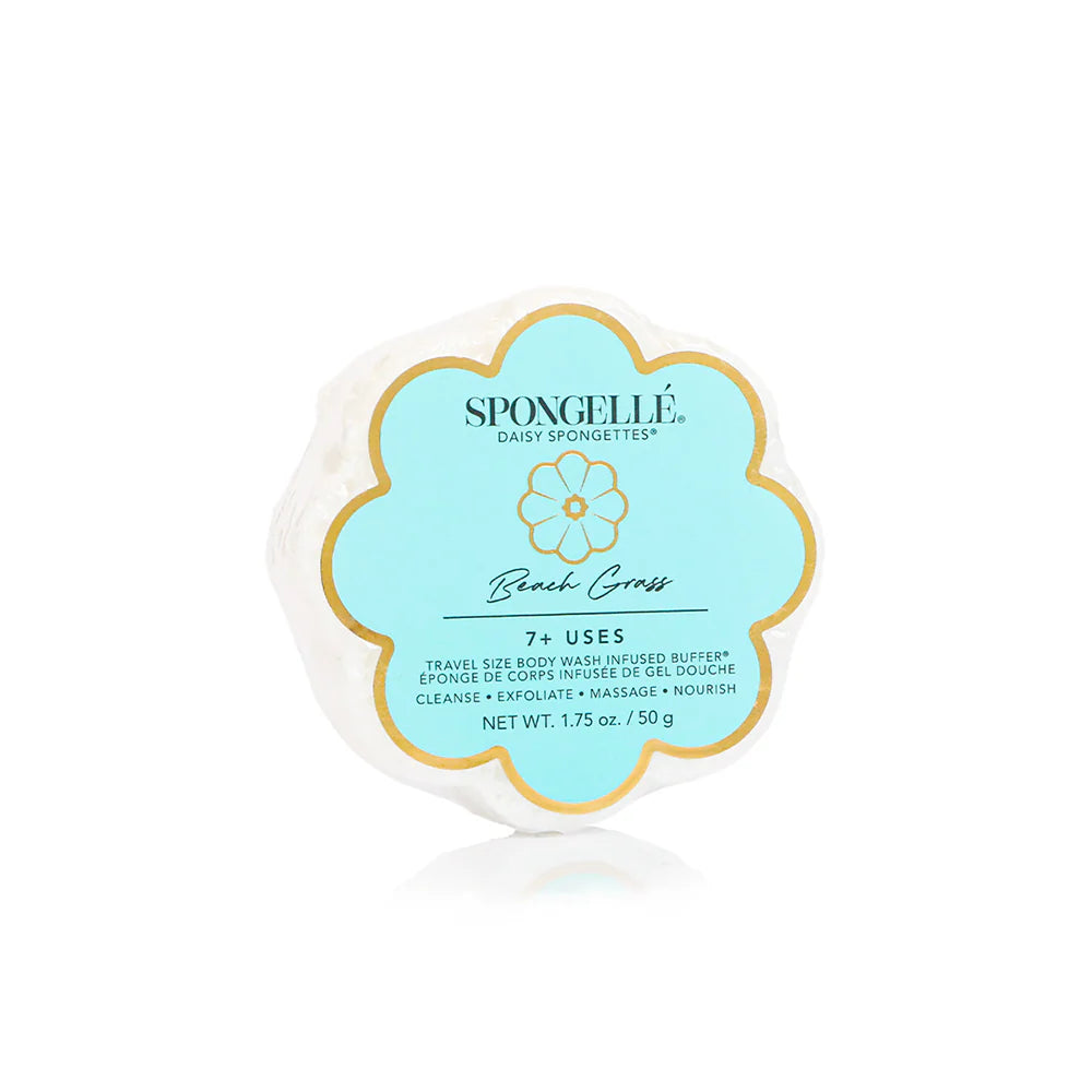 Spongellé body wash sponge with blue label on a white background