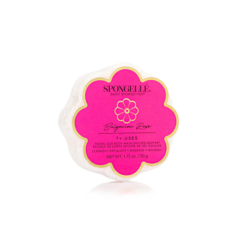 Spongellé body wash sponge with pink label on a white background