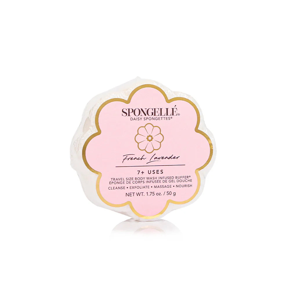 Spongellé Daisy Spongelette packaging with pink and gold design on a white background