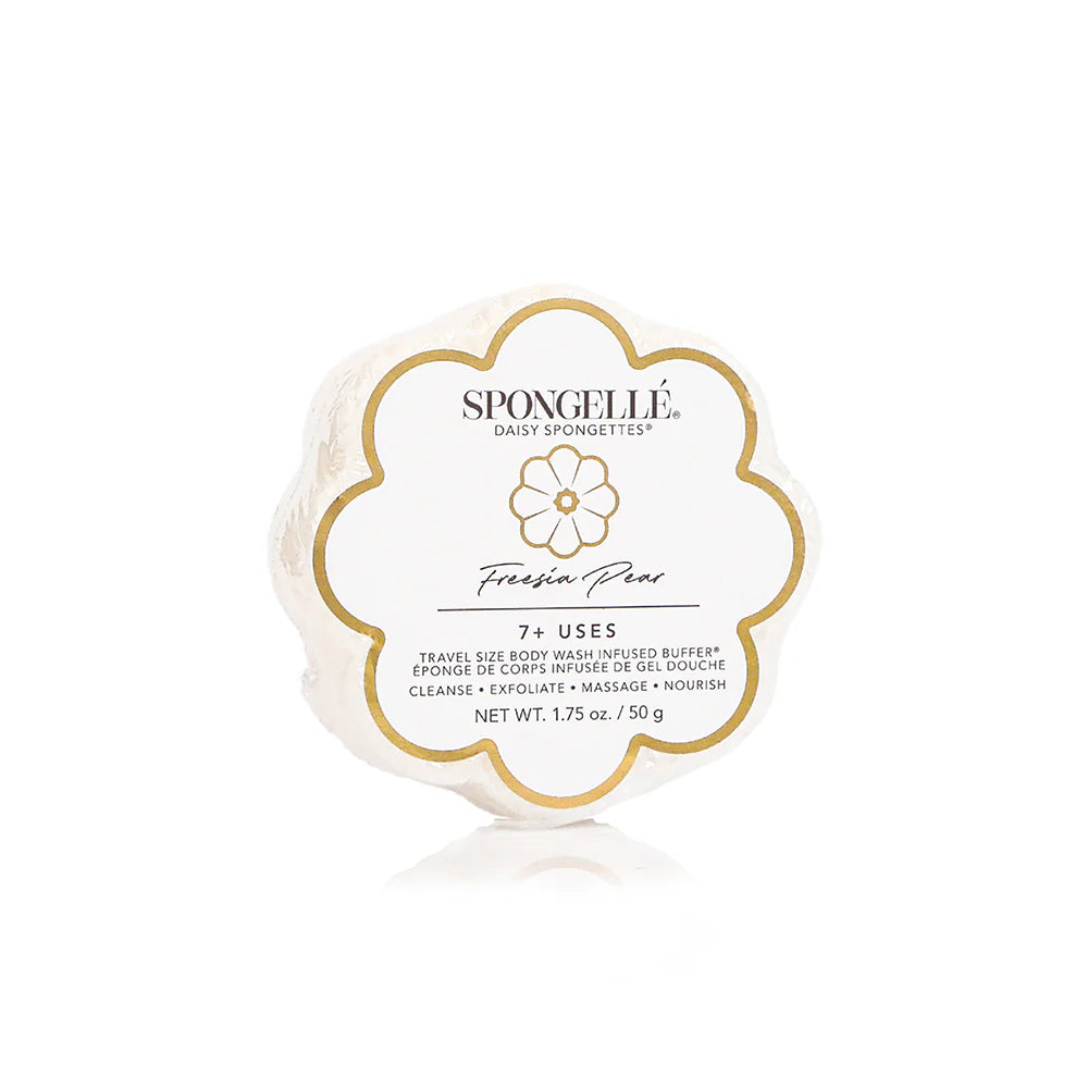 Spongellé body wash sponge with branding on a white background