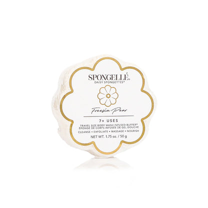 Spongellé body wash sponge with branding on a white background