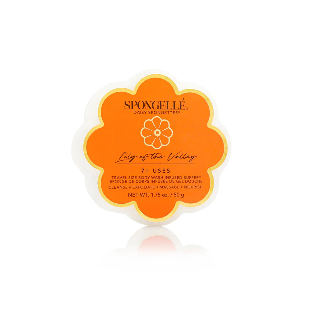 Spongellé Lily of the Valley travel size body wash  sponge on a white background
