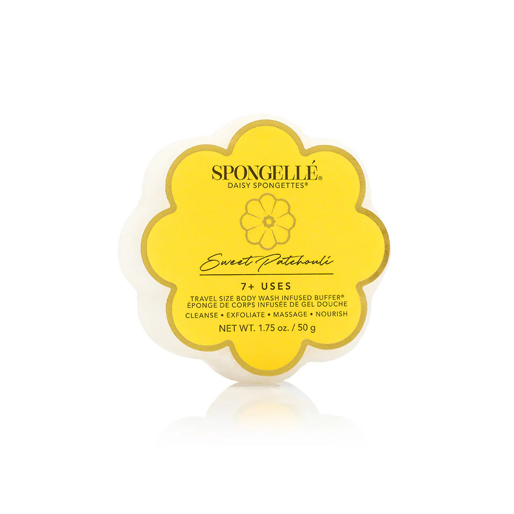  body wash sponge with yellow label on a white background
