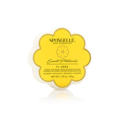  body wash sponge with yellow label on a white background