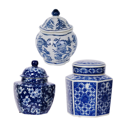 3 blue and white ming dynasty inspired jars with lids