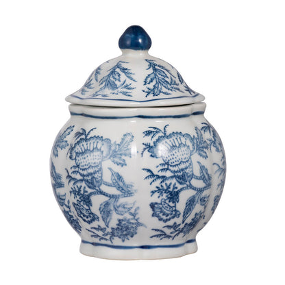 small round white jar with lid and blue flower design