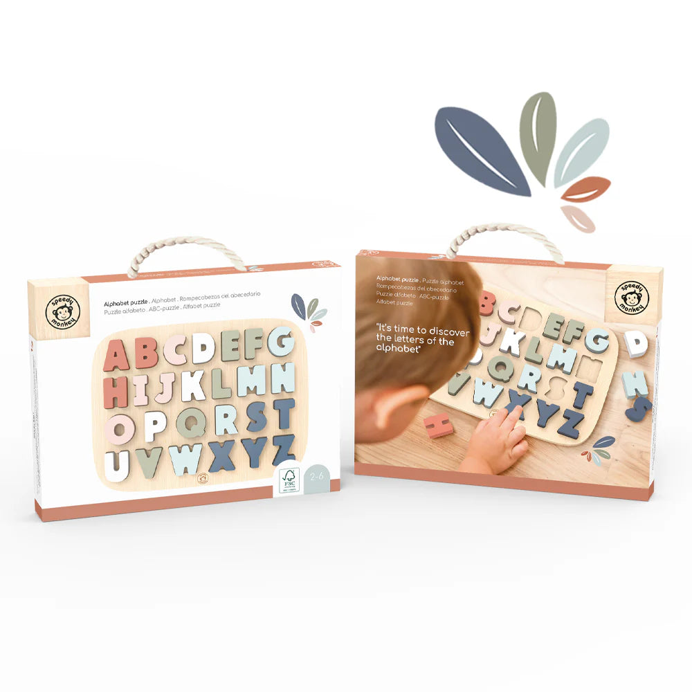 front and back view of box packaging for alphabet puzzle.