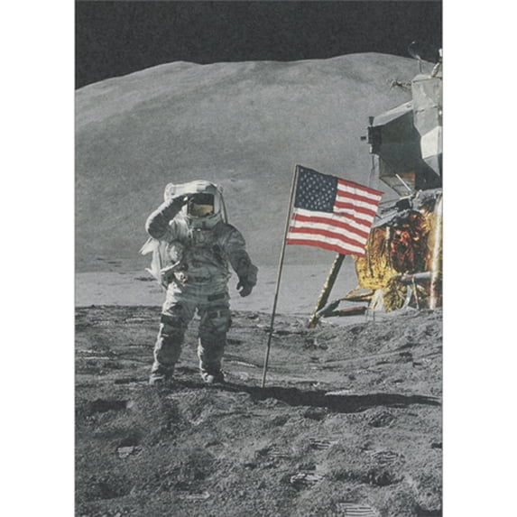 front of card is a photo of a saluting astronaut on the moon next to the american flag