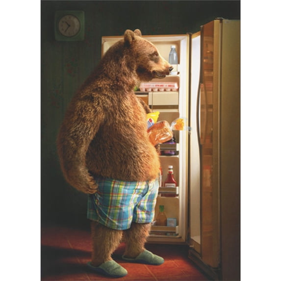 front of card is a bear scratching his behind, standing in front of an open refridgerator