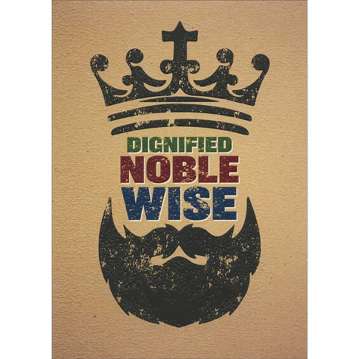 front of card is multi-colored words between a king's crown and a beard on a light brown background