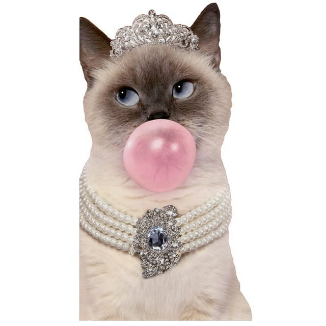 front of card is a siamese cat wearing a tiara and pearl necklace blowing a pink bubble 