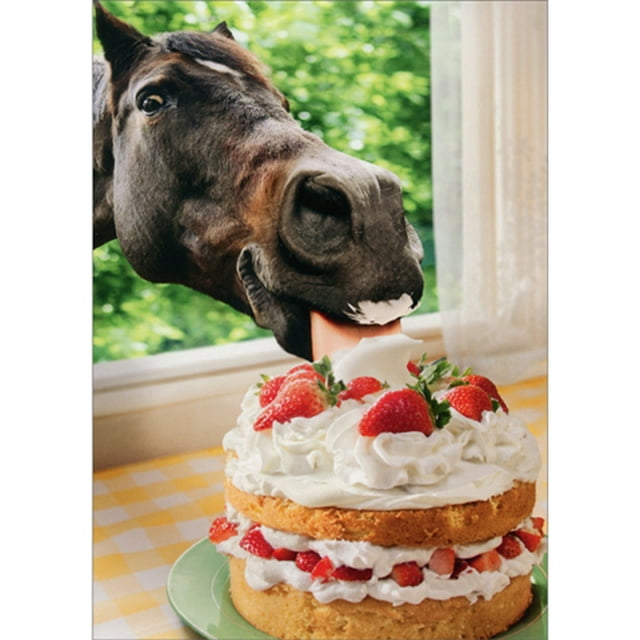 front of card with image of a horse sticking its head through and window and licking a strawberry cake.