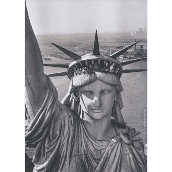 front of card is a black and white photo of he statue of liberty