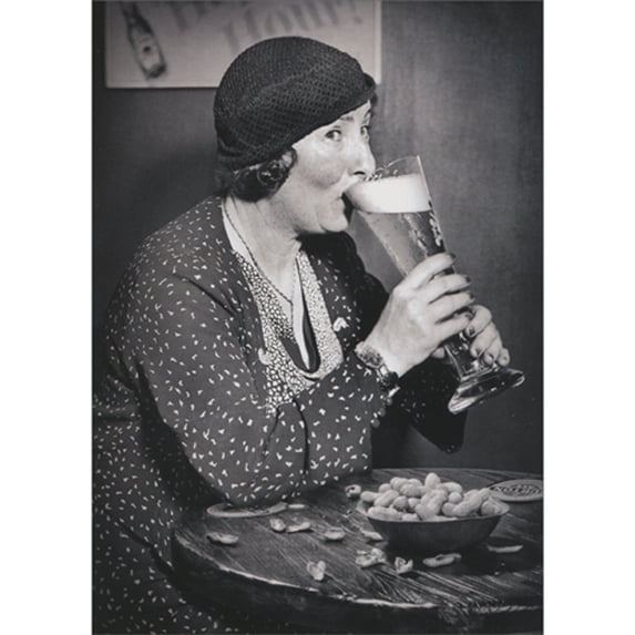 front of card is a black and white photo of a retro mom drinking a very tall glass of beer