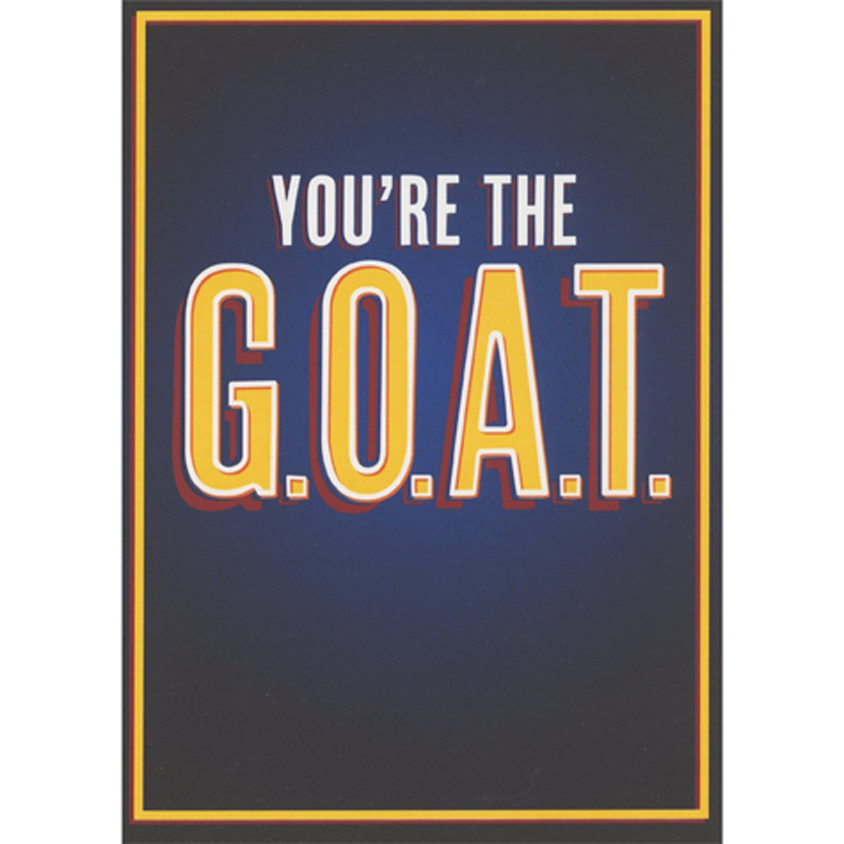 front of card is blue background with white and yellow text