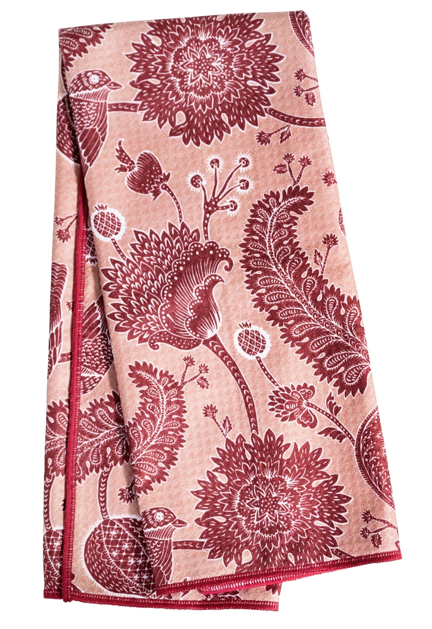 blush towel with bird and floral pattern printed un burgundy.