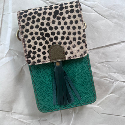 emerald Gia Phone Bag with black and white dot animal print flap