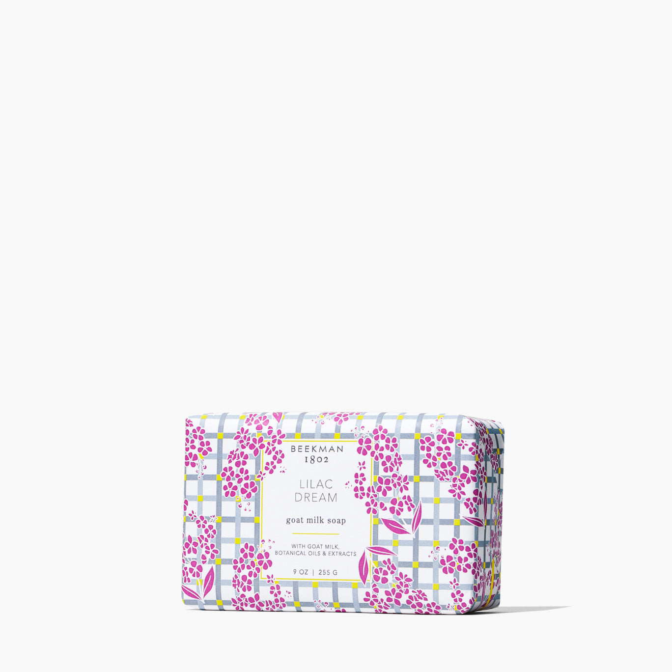 bar of lilac dream soap wrapped in paper printed with lilac flowers.