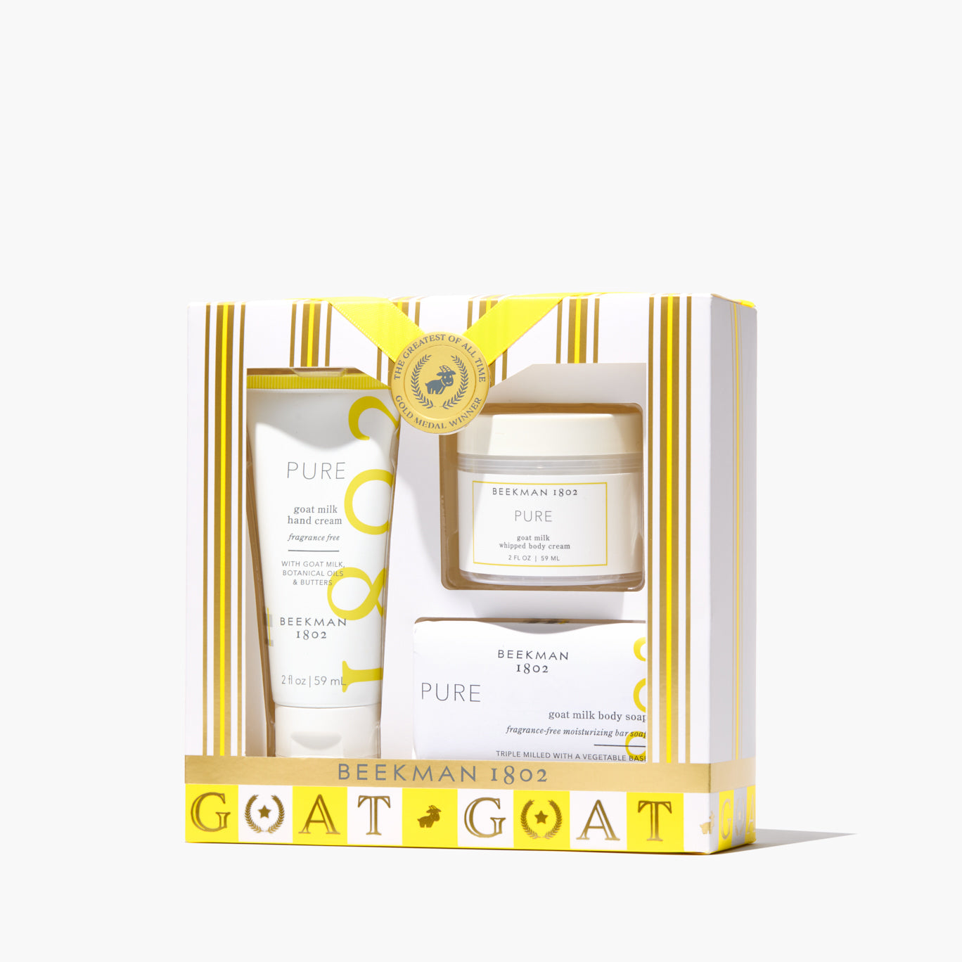 3 piece boxed set of a hand cream, body cream, and bar of soap