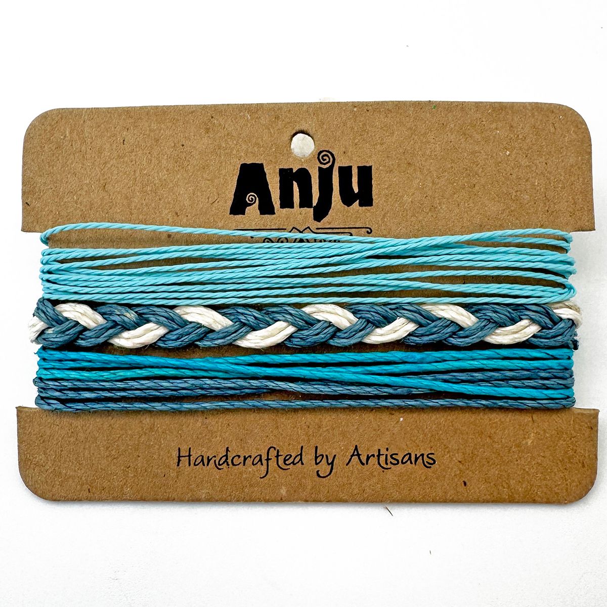 sky and steel Weave & Wander Bracelets on their card packaging