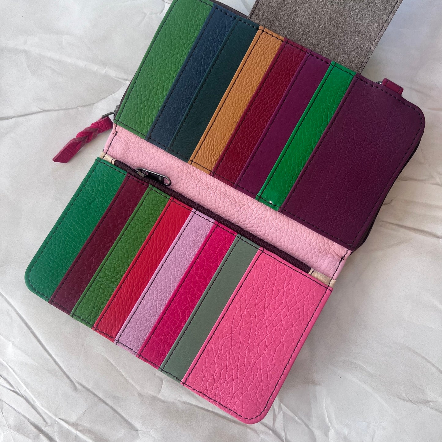view under green Beatrice Clutch magnetic flap showing colorful card slots