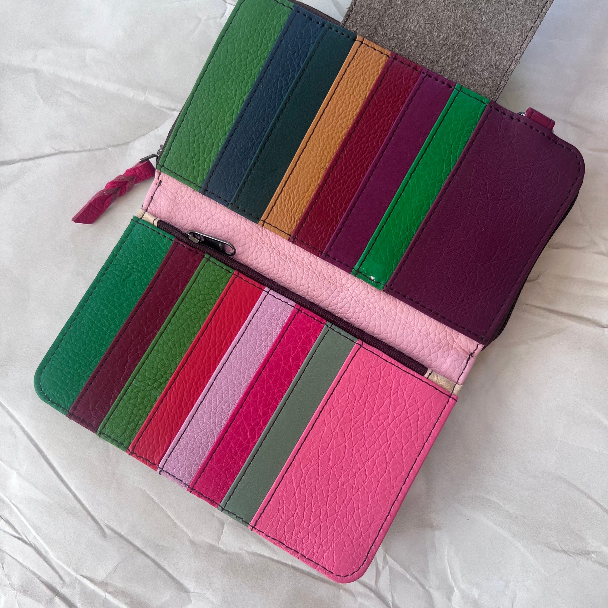 view under green Beatrice Clutch magnetic flap showing colorful card slots