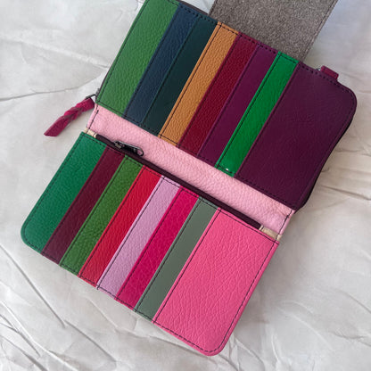 view under green Beatrice Clutch magnetic flap showing colorful card slots