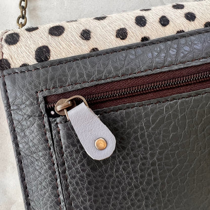 close-up of back of secret clutch wallet.