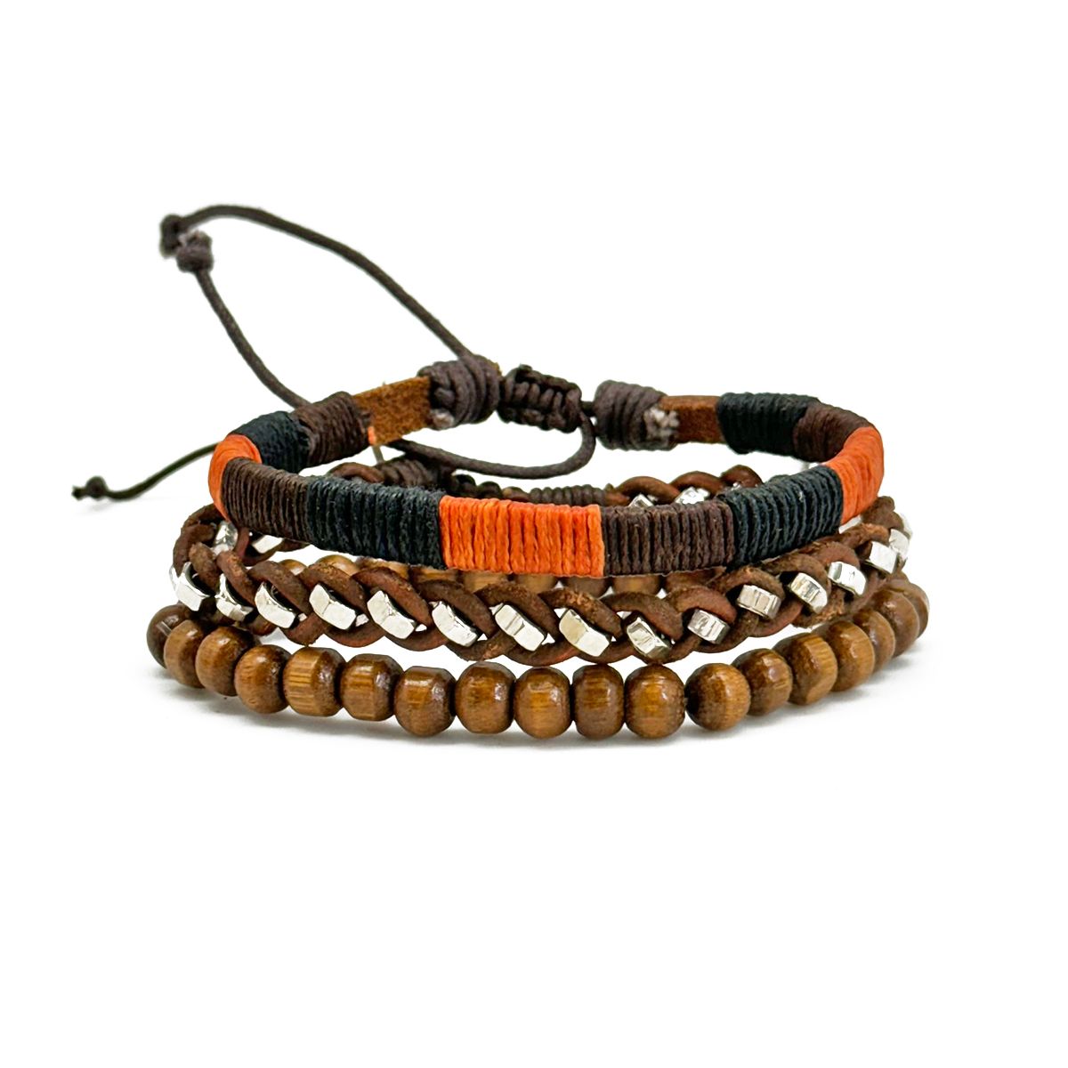 Stack of woven bracelets with wooden beads and colorful cord on a white background