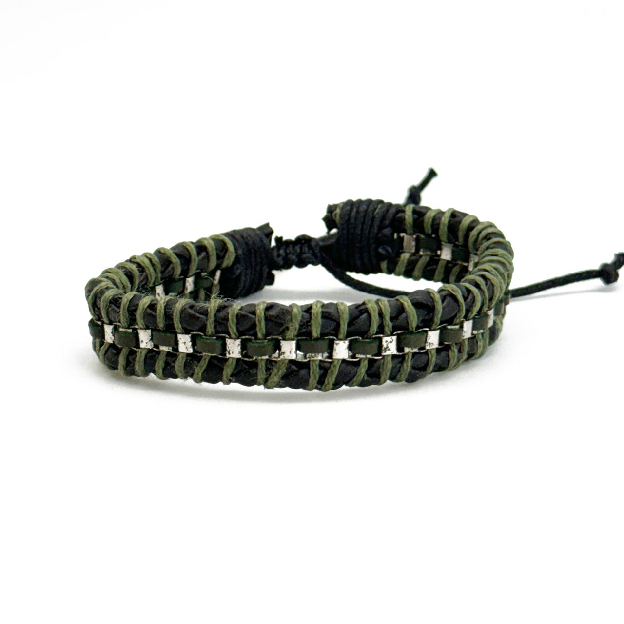 green and black bracelet with metal accents, tied with a sliding knot closure.