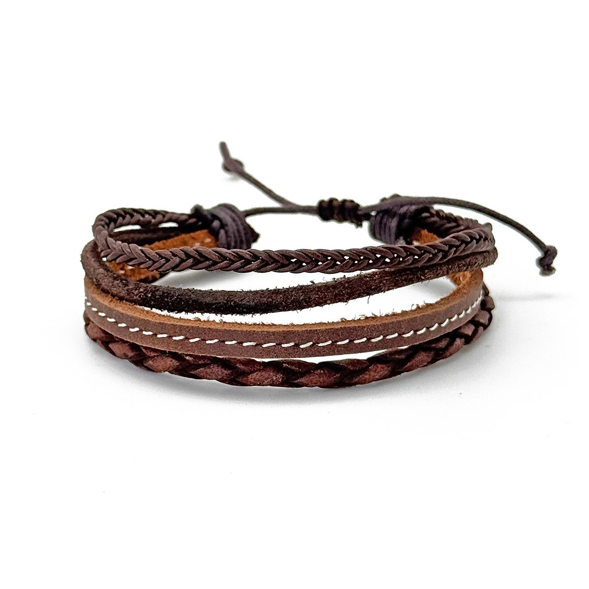 Brown leather bracelet with multilayer design of assorted strands shown on a white background