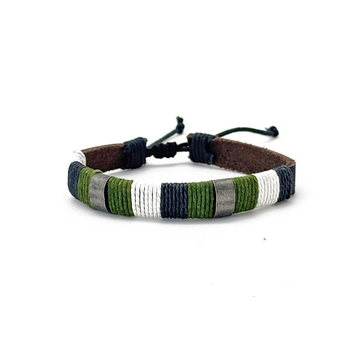 leather bracelet wrapped with blue, green, and white cord with metal accents shown on a white background