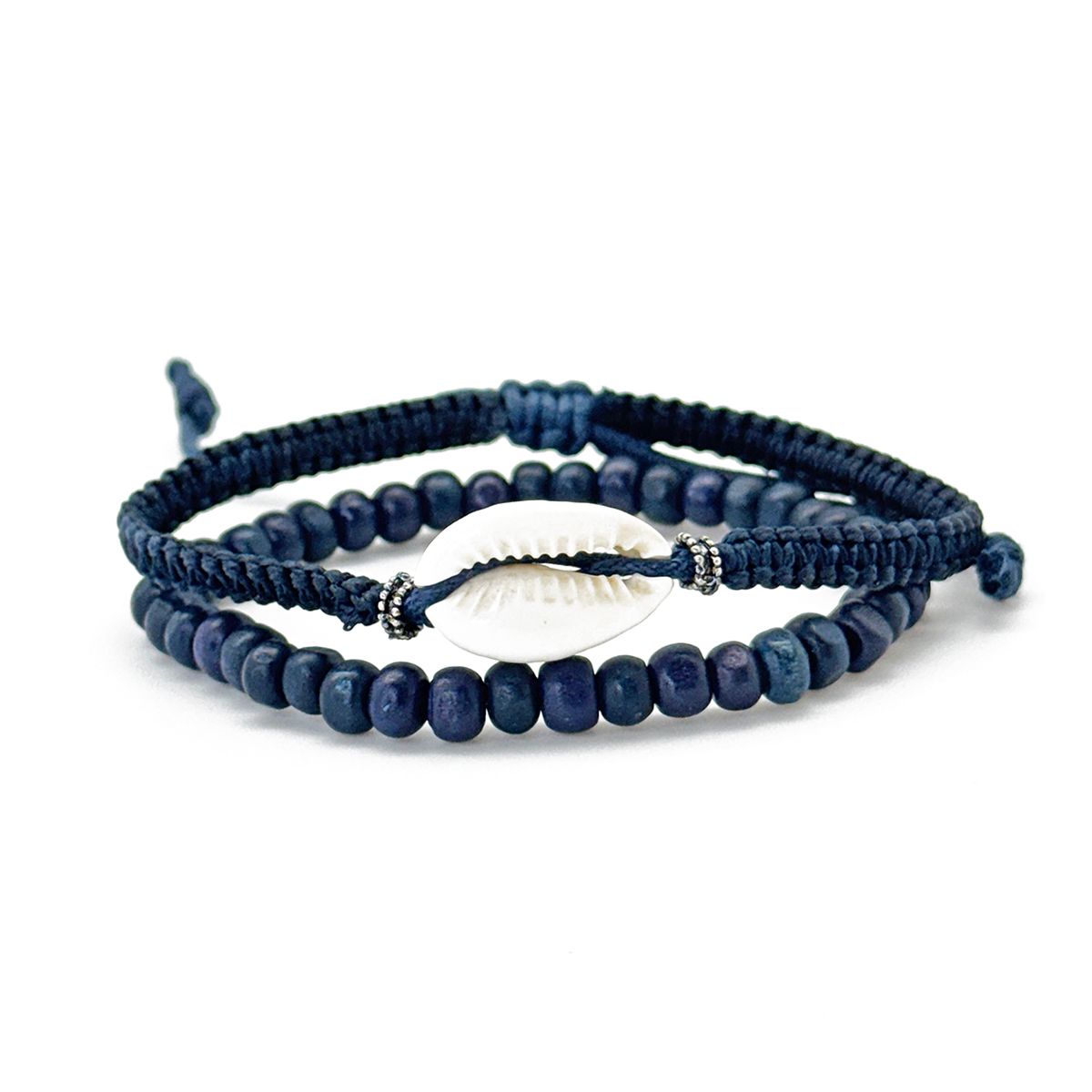 A set of blue beaded bracelets with metal and shell accents and adjustable straps.