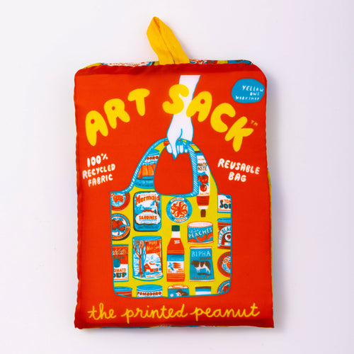 Printed Peanut Tins Art Sack folded into its carrying pouch.