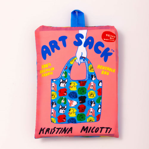 Kristina Micotti Dogs Art Sack folded into carrying pouch.