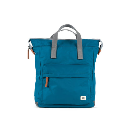 blue bantry backpack with grey straps.
