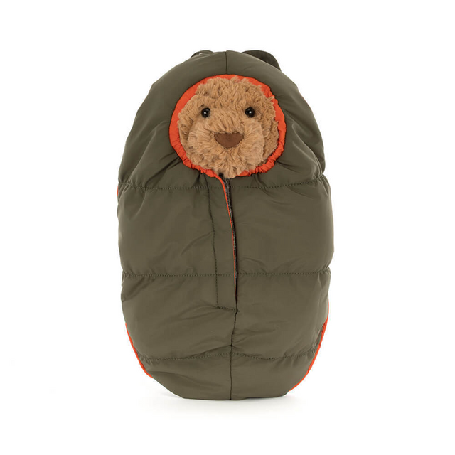 view of Bartholomew Bear Hiking Outfit Plush Toy inside sleeping bag