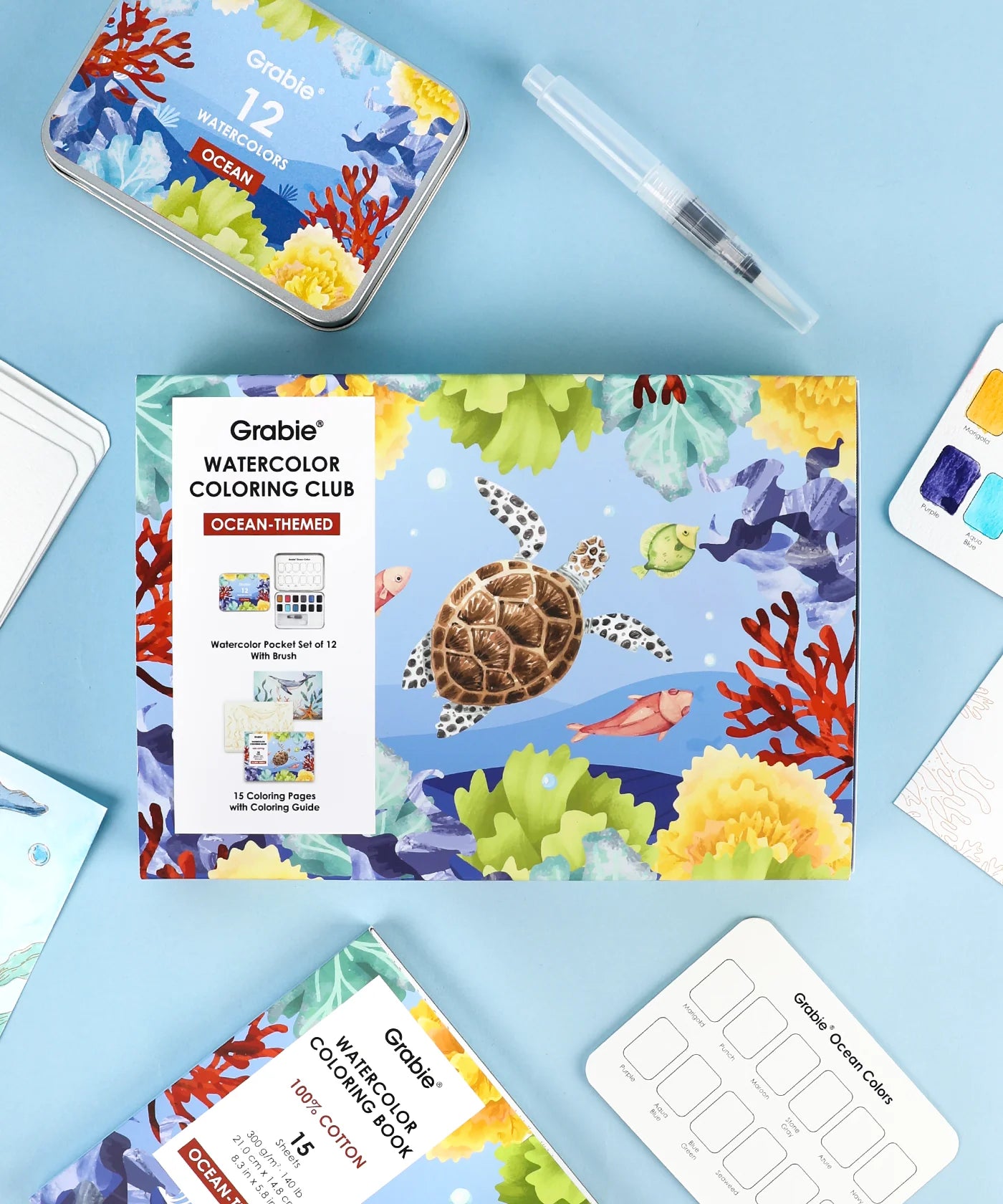 Grable watercolor coloring club set with ocean-themed design on a blue background