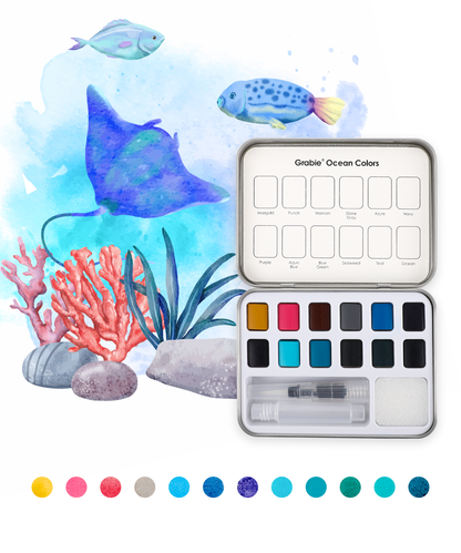 pocket watercolor kit next to color watches and watercolor sea life image