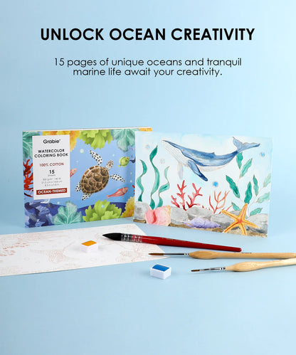 Watercolor coloring book with ocean-themed illustrations on a blue background, accompanied by paintbrushes and water.