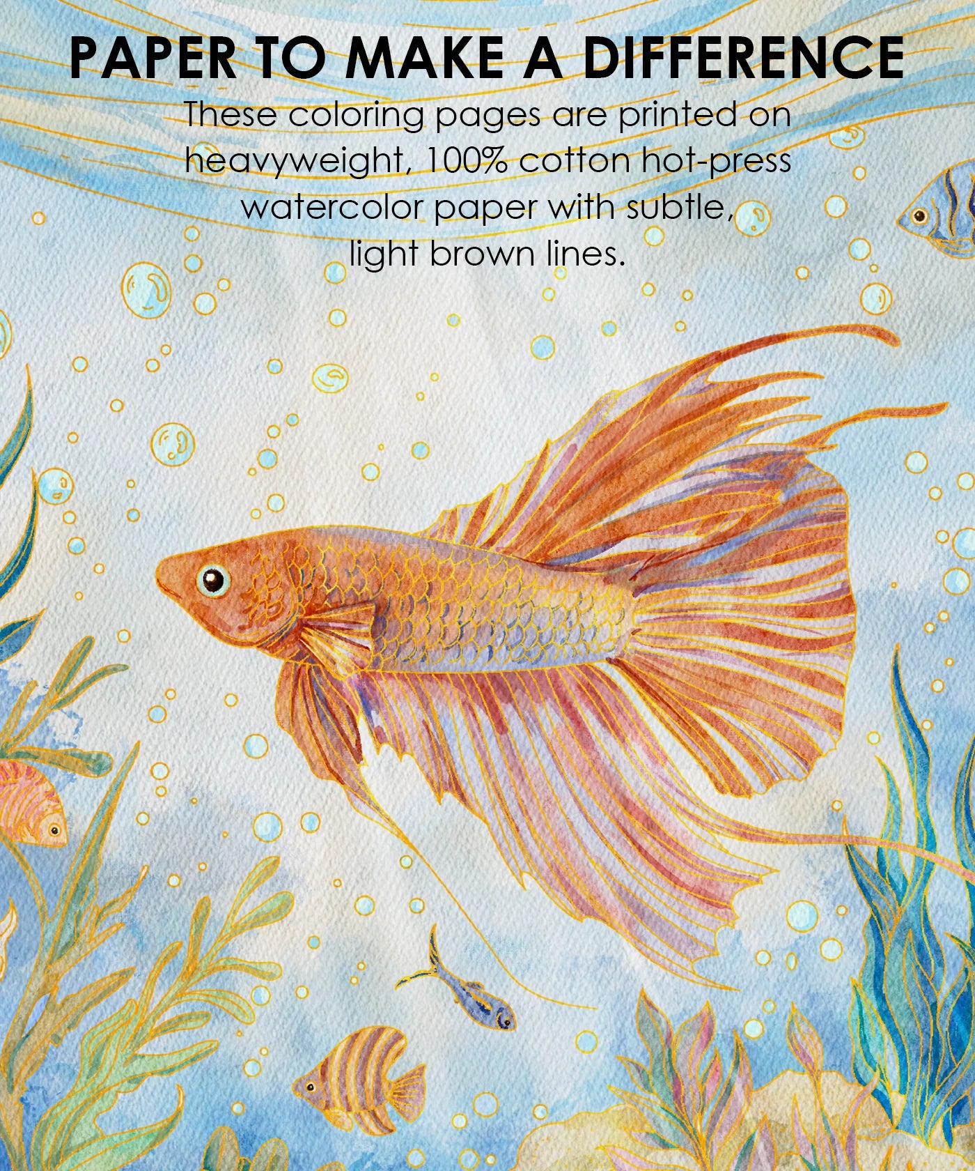 Coloring book page with a fish illustration and text about paper quality.