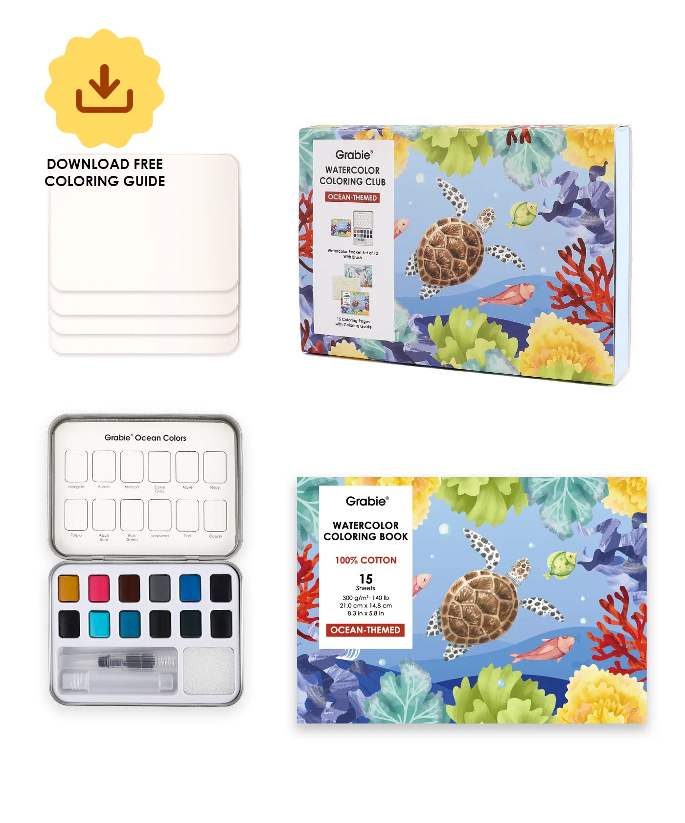 Set of watercolor coloring books and watercolor set with ocean-themed designs on a white background.