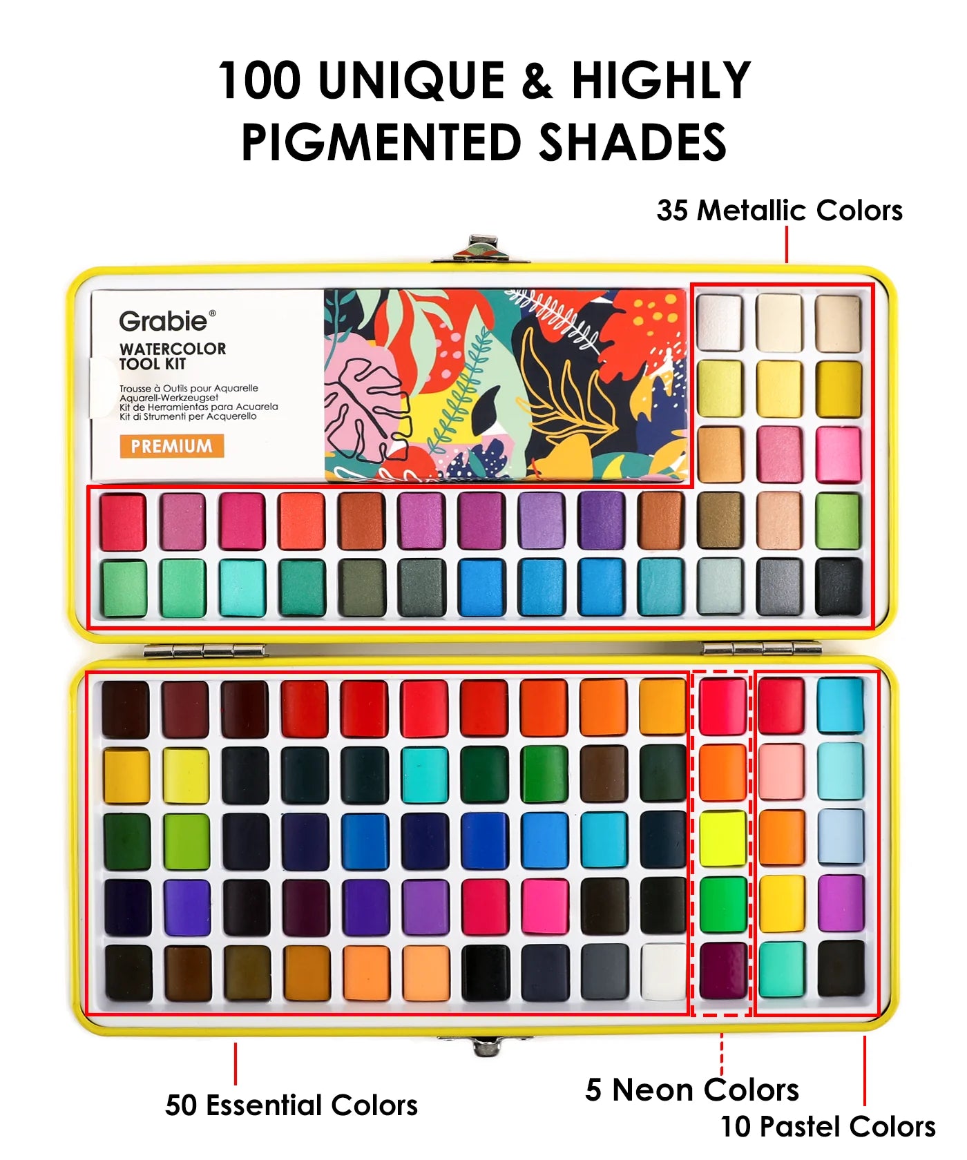 Watercolor paint set with colorful packaging and labeled color ranges.