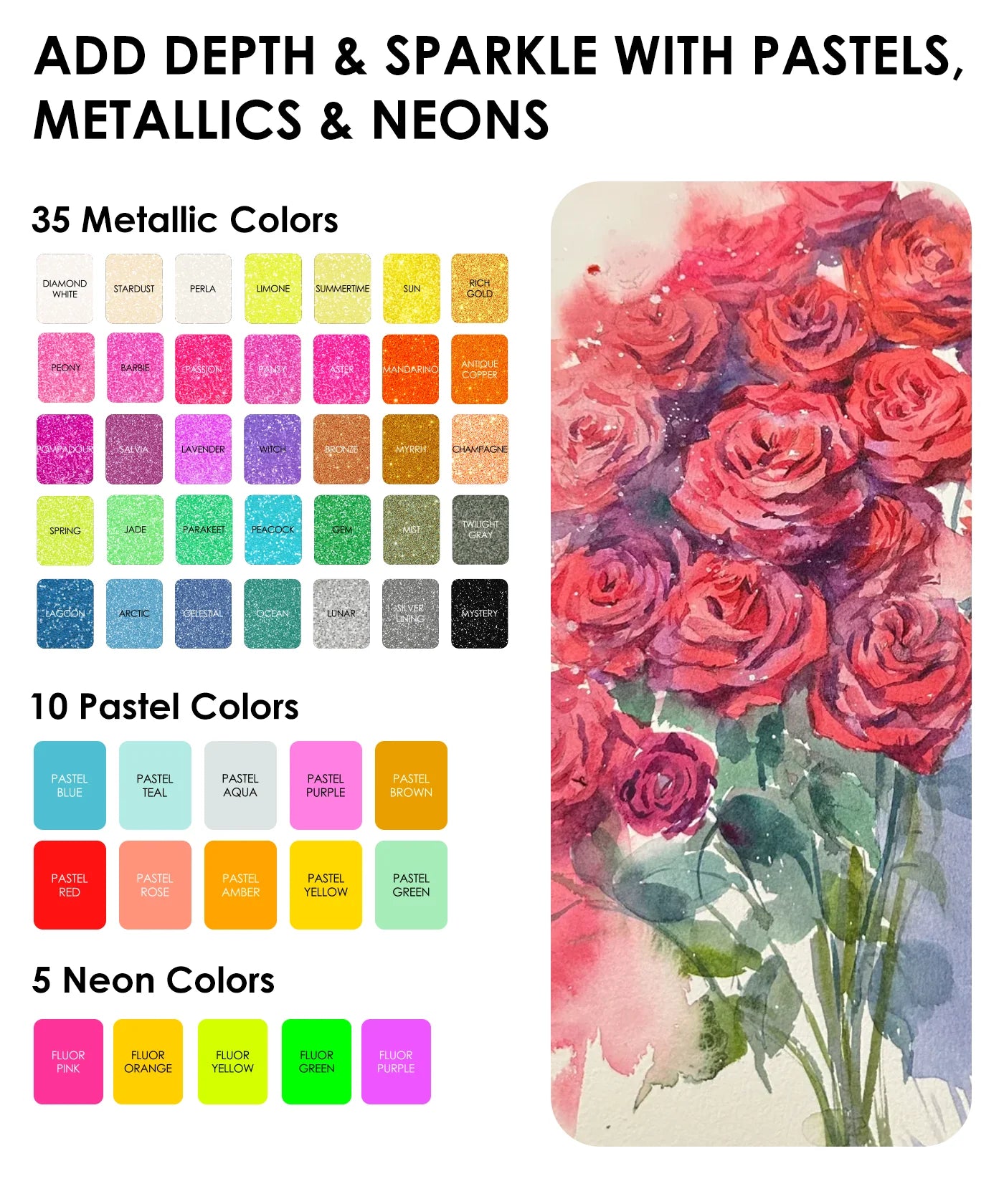 Color swatches for metallic, pastel, and neon colors with a floral design.