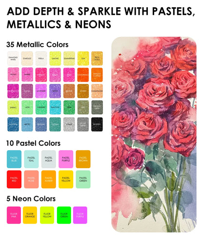 Color swatches for metallic, pastel, and neon colors with a floral design.