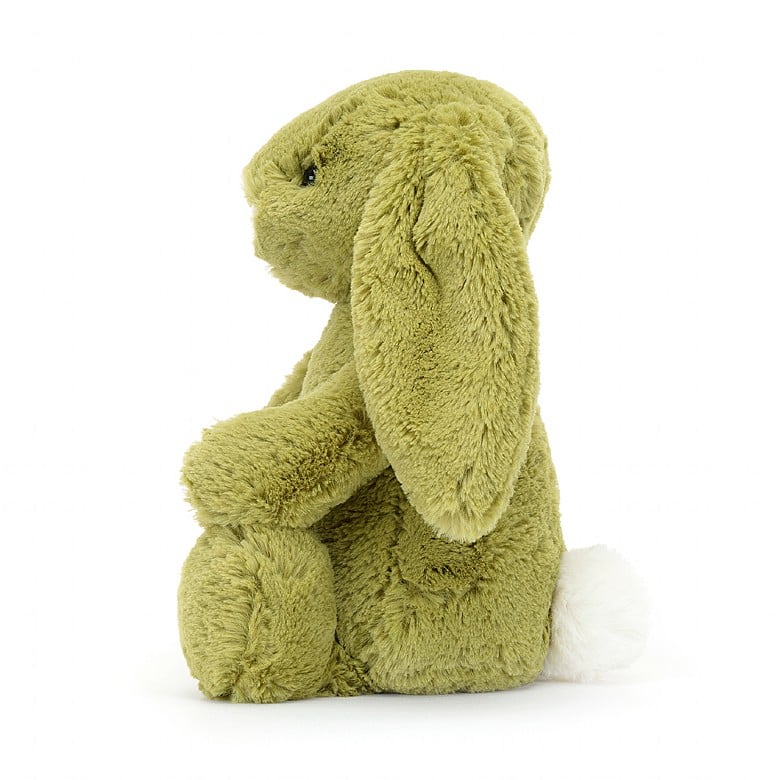 side view of moss Bashful Bunny Original Plush Toy on a white background.