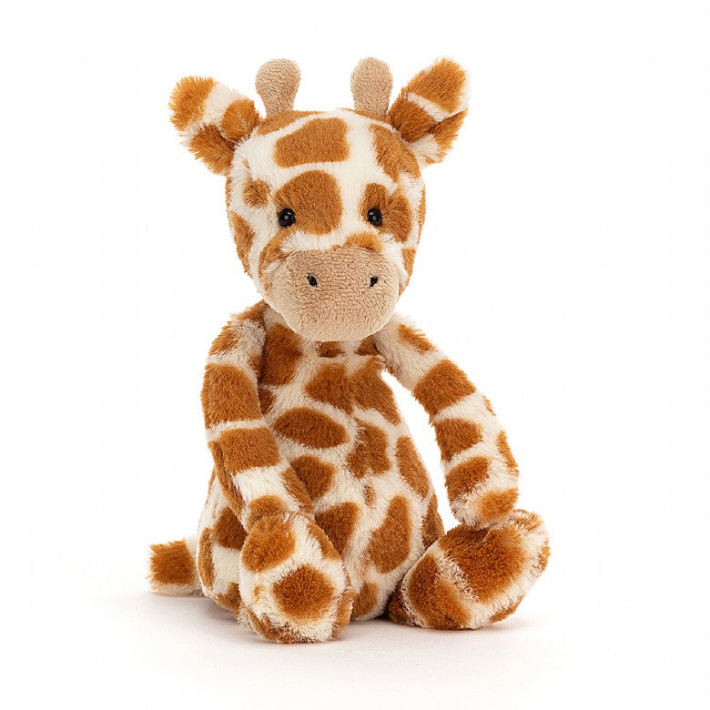 small giraffe stuffed animal on a white background.