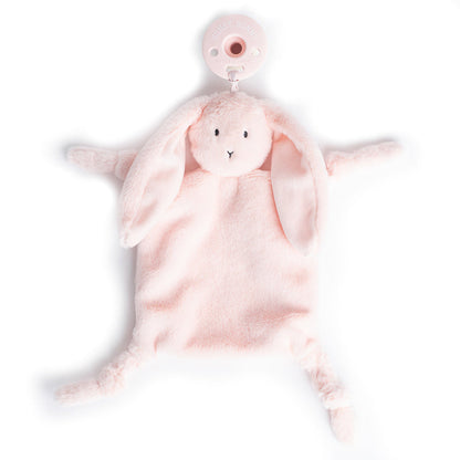 light pink bunny lovey with pacifier attach laying flat on a white background.